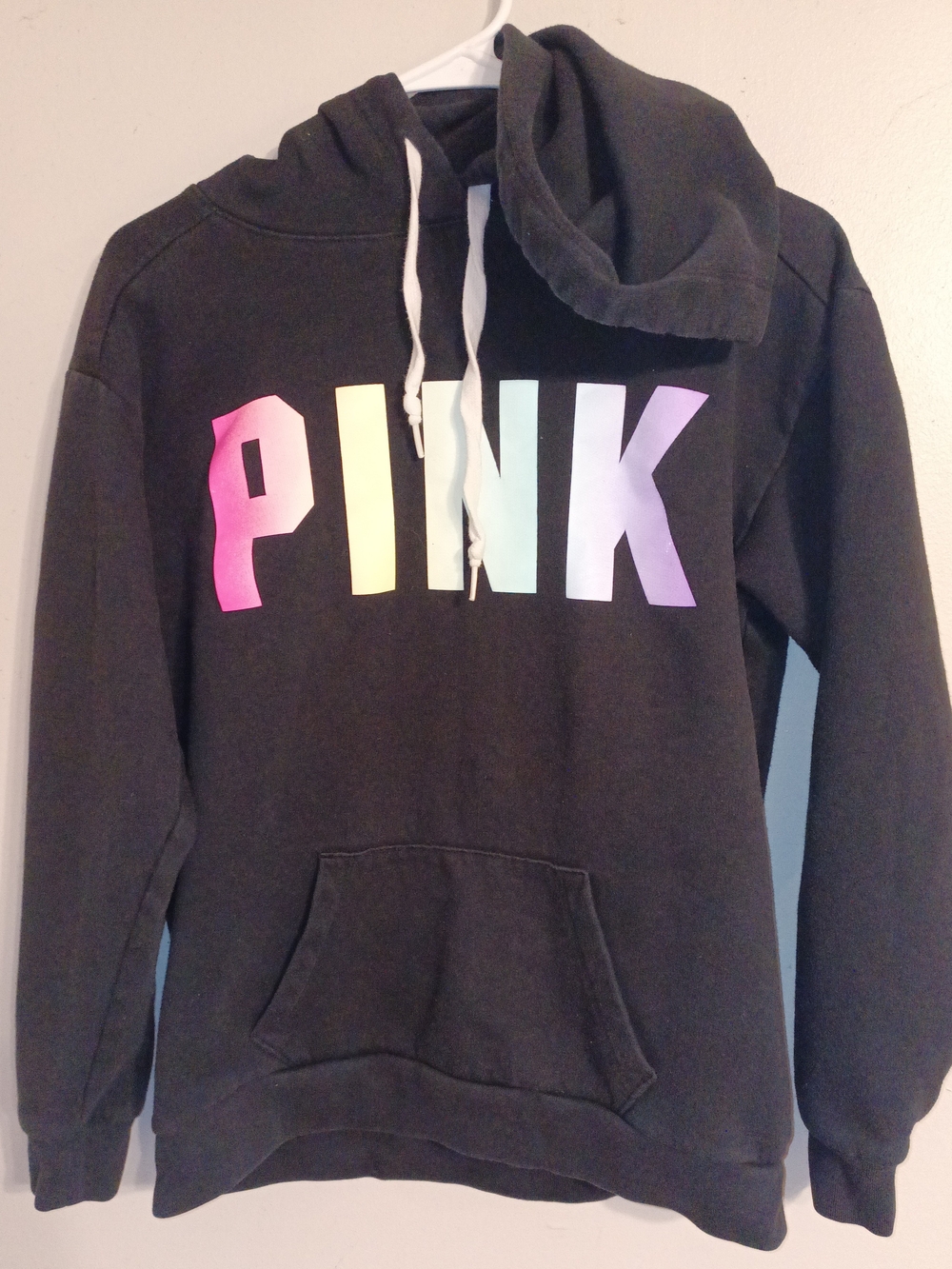 PINK Victoria's Secret Black Hoodie with Pastel Gradient Logo XS